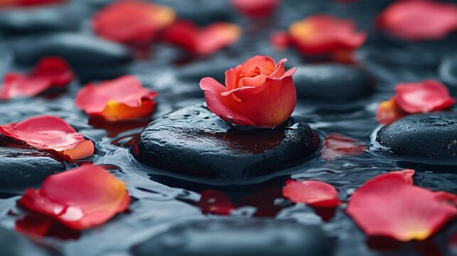Rose petals and decorative stones in a spa.