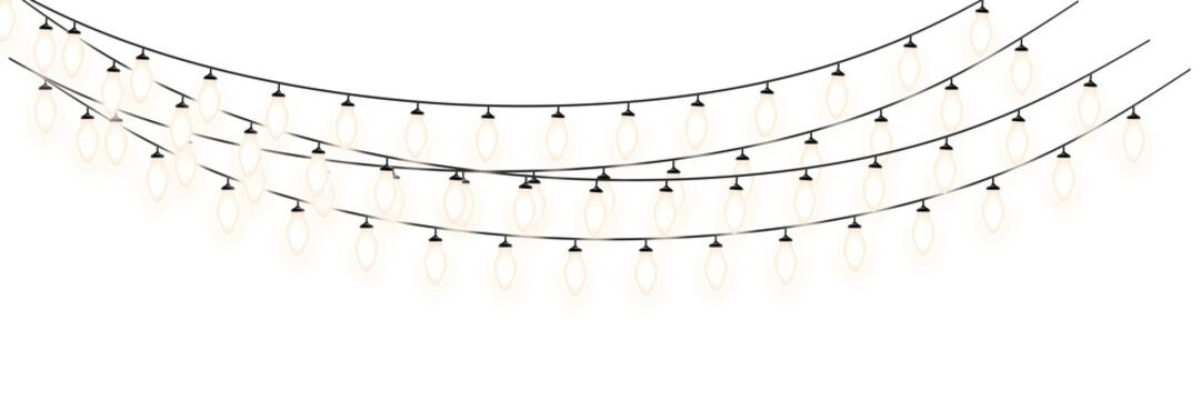 Glowing string lights hanging against white background