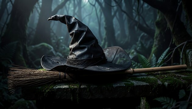 Worn black witch hat and a traditional broomstick resting on a mossy stone surface in a dark enchanted forest for Halloween and fantasy design