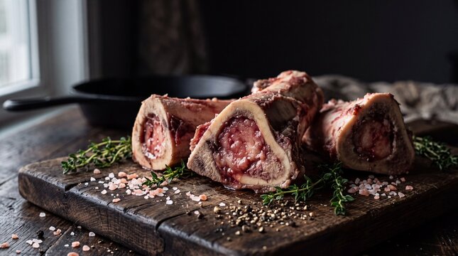 Fresh Raw Beef Marrow Bones Sliced on Butcher Block with Thyme and Sea Salt