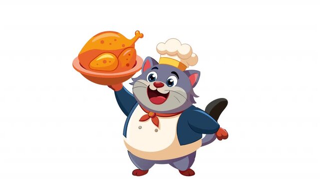 A happy cat chef holding a fried chicken. Chef animation, alpha channel. Cartoon