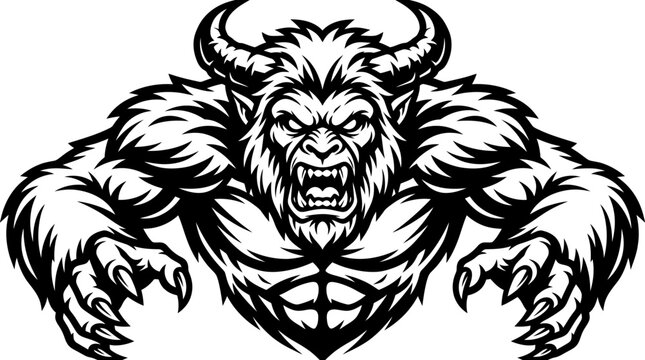 Fierce Monster Mascot with Horns and Claws, Vector Illustration