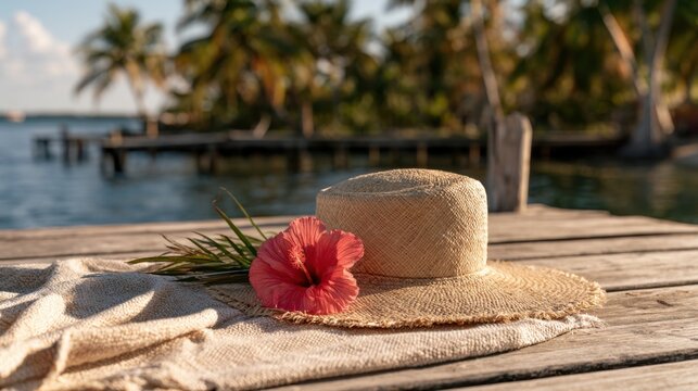 Straw hat with wide brim and pink hibiscus flower resting on wooden dock with tropical palm trees and calm water in warm sunlight, summer vacation concept