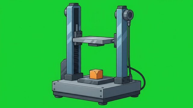 Industrial 3D printer machine with orange cube on green screen background