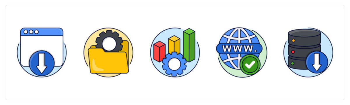 A set of 5 mix icons as Landing Page, Management Content, Optimization Performance