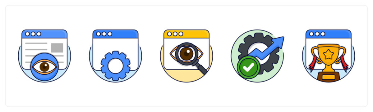 A set of 5 mix icons as page-views, SEO Optimization, Search Visibility