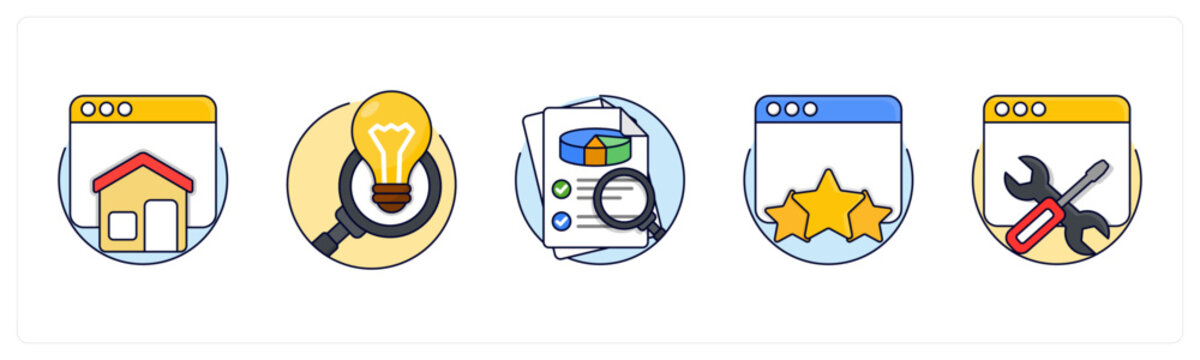 A set of 5 mix icons as home page, Insights, market research