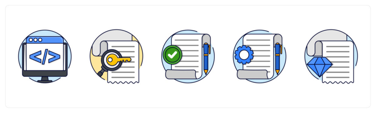 A set of 5 mix icons as snippet, keyword research, original content
