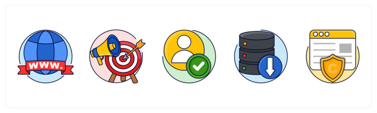 A set of 5 mix icons as Domain, Marketing Strategy, Approved Profile User