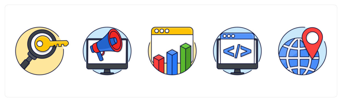 A set of 5 mix icons as keyword-research, Digital Marketing, web analytics