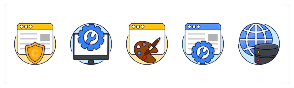 A set of 5 mix icons as Copyright Protection, Technical Support, Web Design