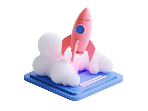 3D render of a pink toy rocket launching with white clouds on a blue platform