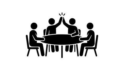 Fototapeta premium Coworkers seated around a meeting table giving high fives, representing corporate teamwork, project victory, successful collaboration, and office partnership