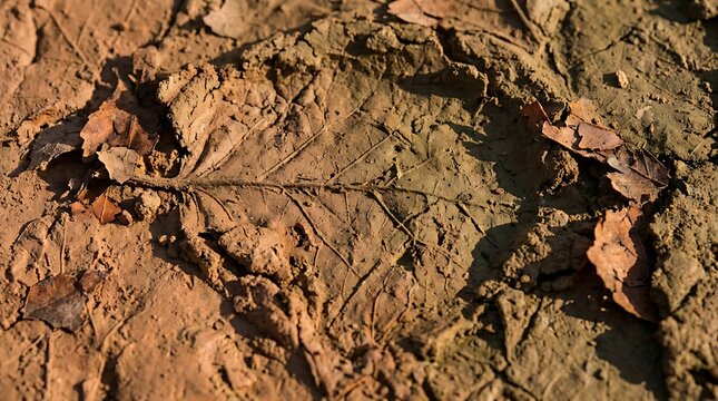 Detailed closeup of a dry leaf imprint pressed into cracked, sunbaked earth with scattered autumn foliage on the ground
