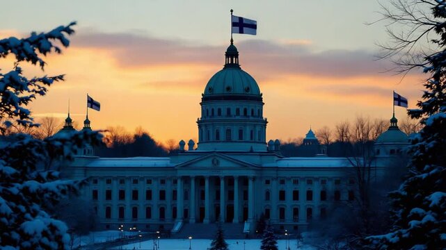Historic parliament building framed by snowy trees at sunset