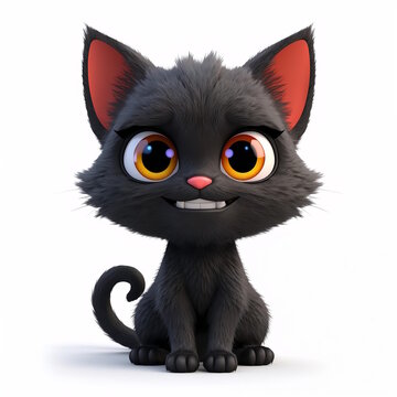 Adorable chibi 3D render of a tiny Halloween black cat sitting upright, huge expressive eyes, tiny paws, curled tail, cute mischievous smile, rounded proportions, soft glossy fur, isolated object