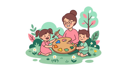 Fototapeta premium Teacher and children painting outdoors with colorful palette.