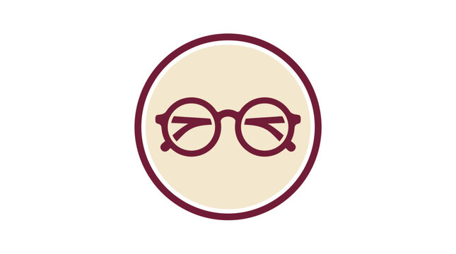 Round Eyeglasses Icon with Maroon Frame and Beige Background.