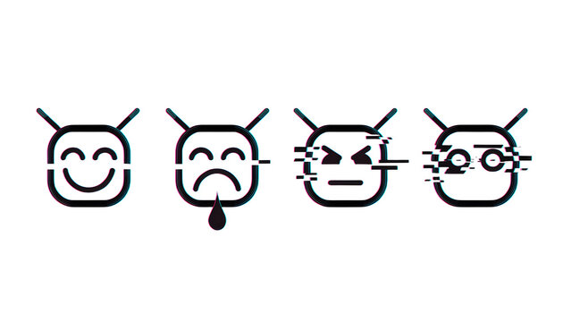 Set of cute robot emoticon faces with chromatic glitch effect. Artificial intelligence emotion and chatbot expression design. Minimalist robot icons displaying different mood states