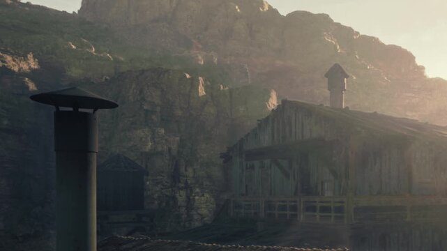 A building made of wood sits near rocky mountains. Smoke comes from a chimney. The scene shows clear weather with sunlight shining on the landscape.