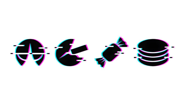 Food and digital gaming snacks icon collection with glitch effect. Virtual currency and arcade treat graphics. Minimalist glitch symbols featuring fortune cookie candy piece and stacked coins