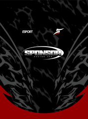 Black red esport jersey pattern background is perfect for designing esports team jerseys with ample sponsorship space available. Great for sports design projects. © Unbeatable