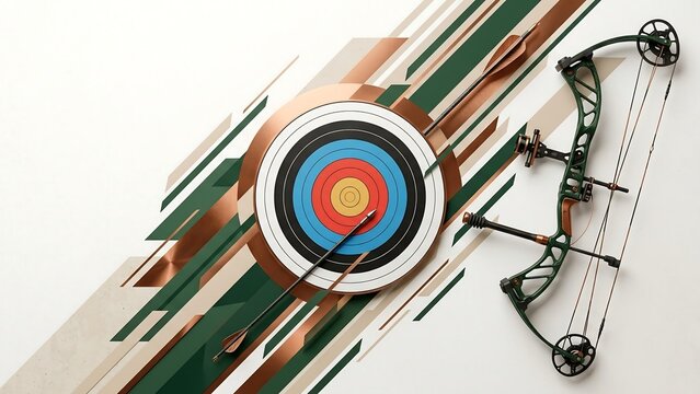 Minimalist compound bow and arrow with colorful archery target on abstract geometric background