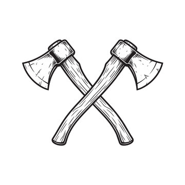 crossed wooden axes lumberjack equipment isolated object monochrome line art vintage engraving graphic style