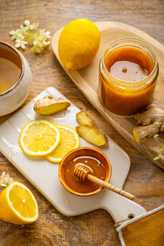 Honey ginger lemon tea ingredients for soothing drink preparation