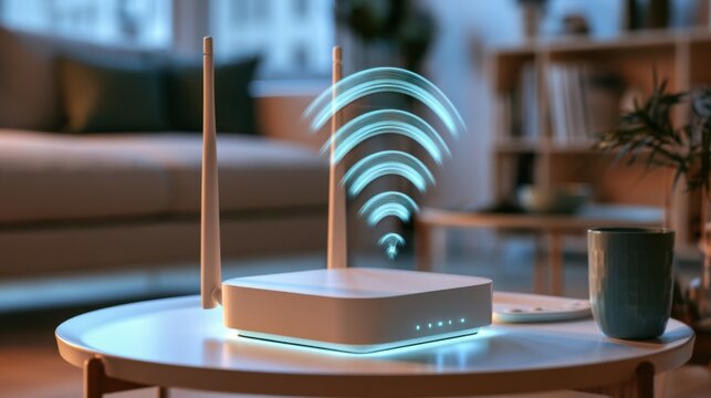 Modern wireless internet router emitting digital signal waves on white table in cozy home living room with blurred furniture background technology concept