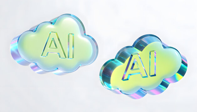 Glossy cloud shapes with AI artificial intelligence lettering. Cloud computing and smart network solutions. Futuristic floating AI tech icons