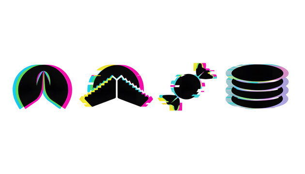 Digital glitch sweet snacks and fortune cookie icons. Cyber cafe and online gaming symbols. Stylized bakery food signs on white background