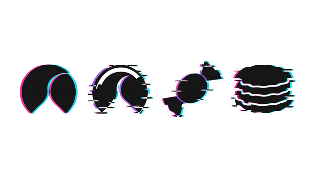 Glitch art snack and pastry icons set. Food delivery and gaming cafe concepts. Broken signal graphic fortune cookies and candy symbols
