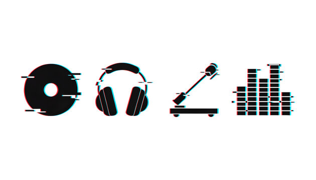Glitch style music audio and podcast equipment icons. Sound recording and DJ stream concepts. Digital distorted audio devices on white