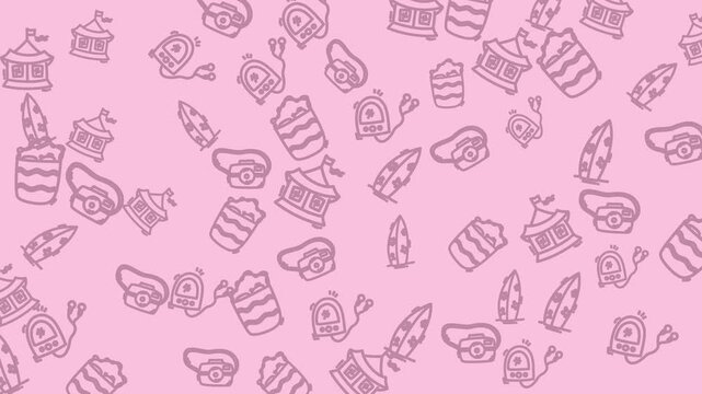 Pink pattern with carousel tents, feather quill pen icons, a repeating decorative graphic. Suitable for party invitations, stationery, and textiles.