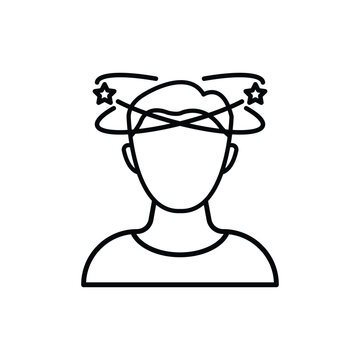 Dizziness, Migraine, Headache, Distracted Head Linear Pictogram. Front View. Man Feel Dizzy Line Icon. Tired Man with Nausea Outline Icon. Editable Stroke. Isolated Vector Illustration.