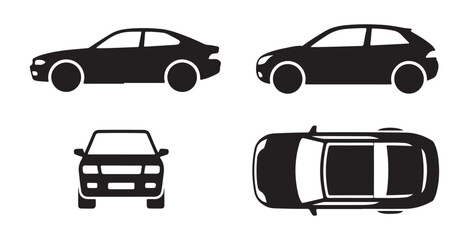 Fototapeta premium Car vector illustrations from multiple perspectives, black shapes for design.