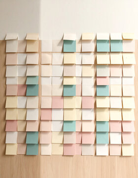 Wall filled with blank sticky notes arranged in three neat columns like kanban board in warm daylight and quiet planning mood generative AI