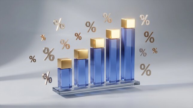 Rising bar chart with blue glass blocks and floating gold percentage symbols representing financial growth and investment success isolated on a smooth light grey background render