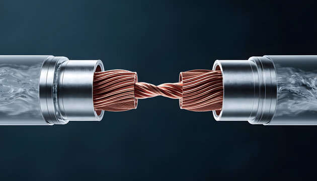 Exposed copper wires twisting inside a tube. Industrial energy transfer and network conductivity. Twisted metal cables conducting power within a clear fluid casing.