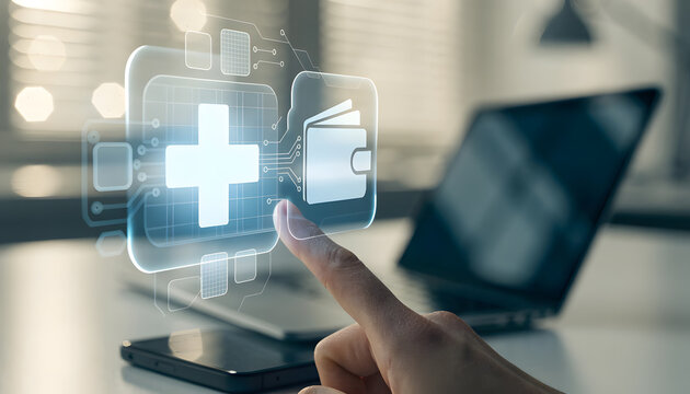 Smart healthcare finance app and medical insurance interface. Telehealth coverage and digital payment concept. Hand touching glowing cross and wallet icons on virtual screen