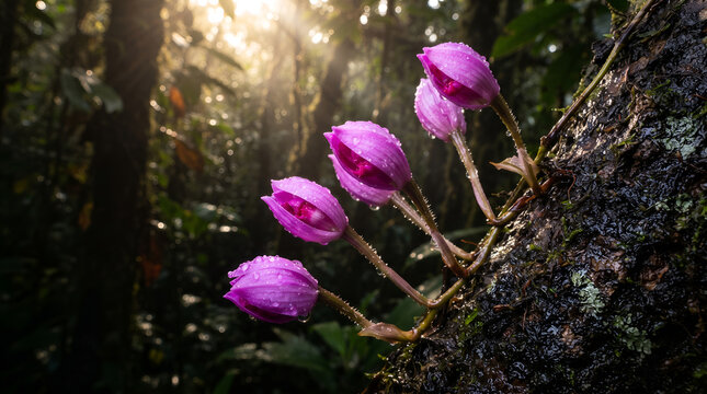 Vibrant purple orchid flowers bloom gracefully on a textured mossy tree bark surface within a lush tropical rainforest environment featuring soft golden morning light rays
