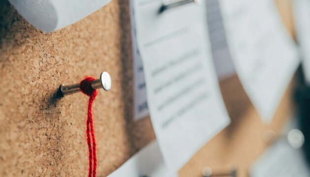 Close-up of a cork bulletin board with a red string and papers