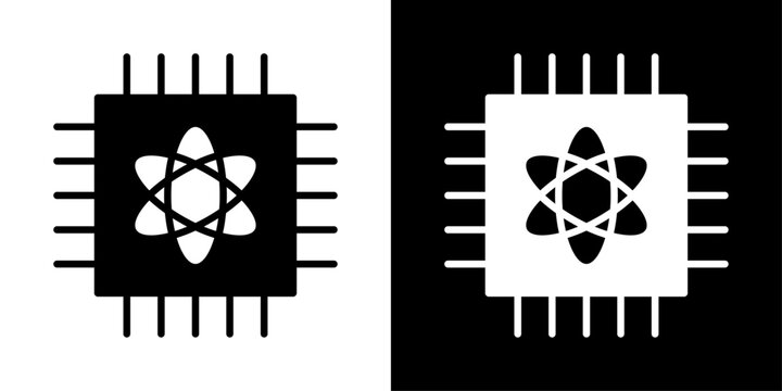 Atomic chip icon with processor and atom symbol, for nanotechnology, quantum computing, and semiconductor apps
