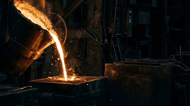 Molten metal pouring from a ladle into a mold inside a dark steel foundry