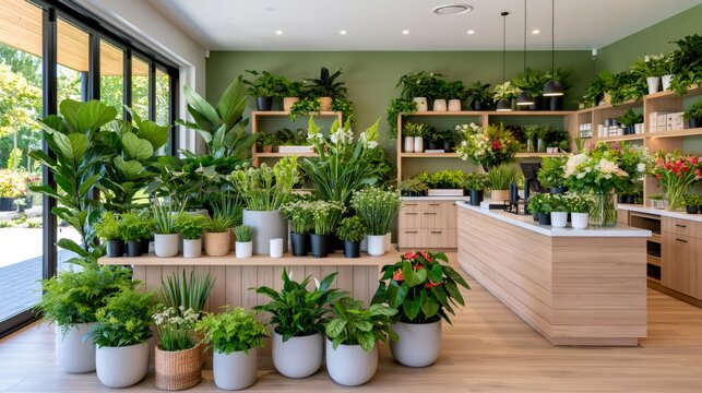 Modern flower shop interior displaying various green houseplants