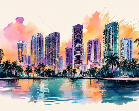 Miami city skyline watercolor illustration at sunset