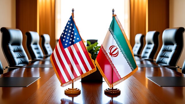 United states and iran flags displayed in a modern conference room symbolizing international diplomacy and relations