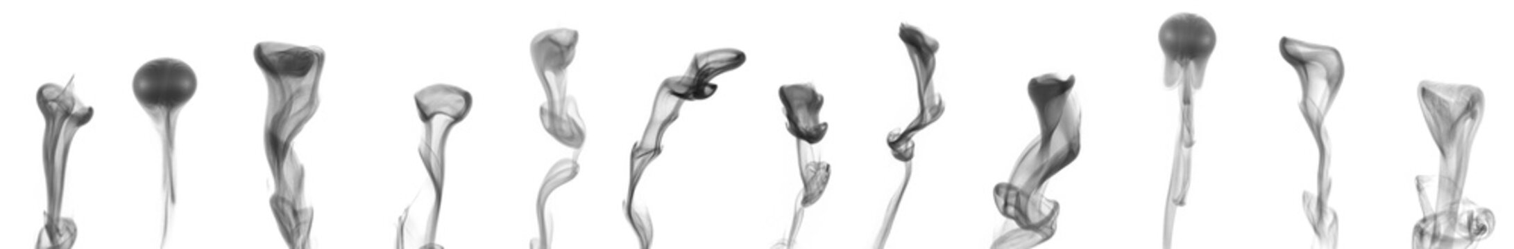 A set of black different steam, smoke, gas isolated on a white background. Swirling, writhing smoke to overlay on your photos. Smoky banner. Halloween design.