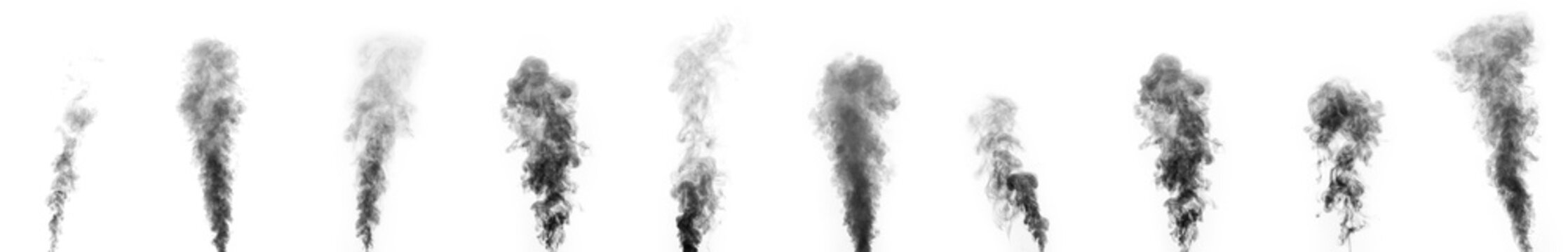 A set of black different steam, smoke, gas isolated on a white background. Swirling, writhing smoke to overlay on your photos. Smoky banner. Halloween design.